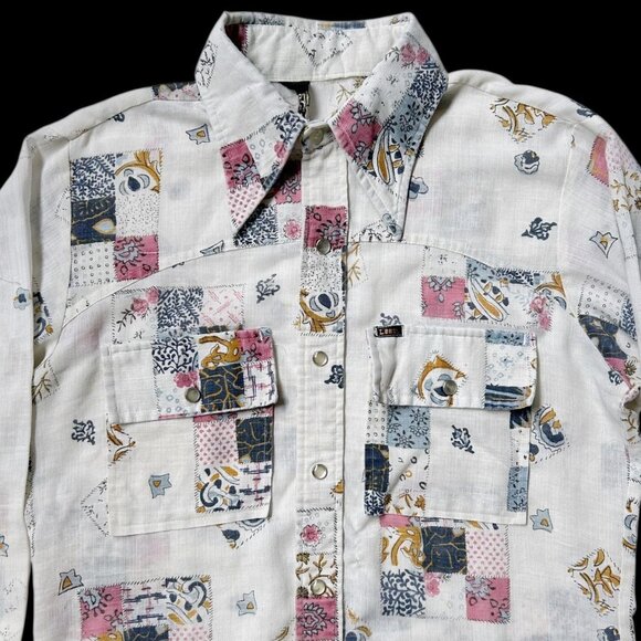 70s vintage Lee western shirt pointed collar buttonup snap patchwork pattern. - Picture 2 of 6